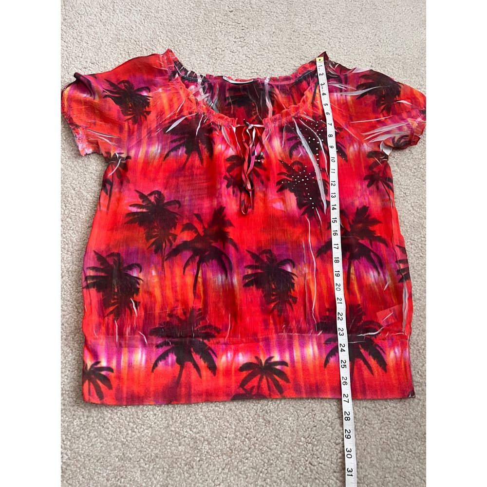 Maurices Palm Tree Blouse Sheer Tie Neck Short Sleeve Red XL - Picture 9 of 10